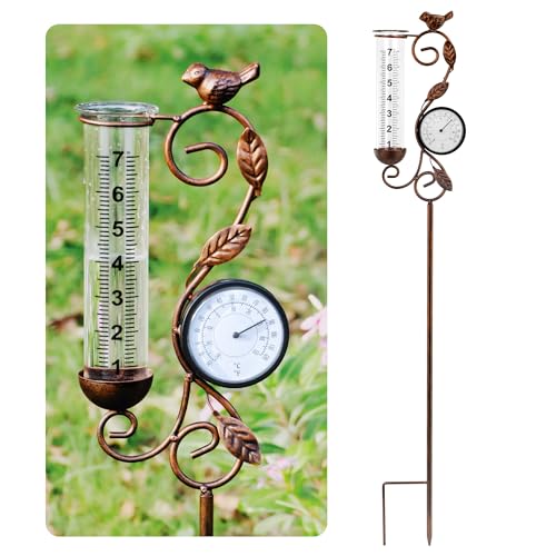 36in Bird Rain Gauge Thermometer Bronze Metal Garden Stake Decor - color: Bronze Bird