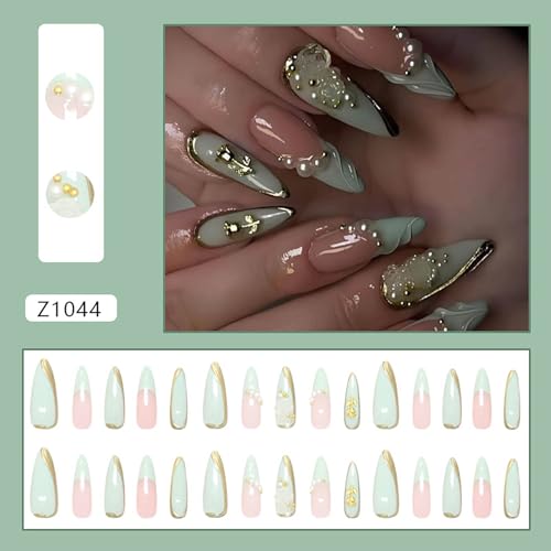 Almond Press on Nails Medium Fake Nails Light Blue French Tip Acrylic False Nails with Charms and 3D Swirl Designs Nails Press ons Reusable Stick on Nail for Women 24Pcs - color: Style12