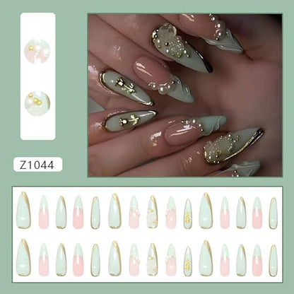 Almond Press on Nails Medium Fake Nails Light Blue French Tip Acrylic False Nails with Charms and 3D Swirl Designs Nails Press ons Reusable Stick on Nail for Women 24Pcs - color: Style12