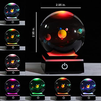 Qianwei 3D Solar System Model Crystal Ball Astronomy Gifts Men Space Decor - style: Colorful Solar System+LED BASE