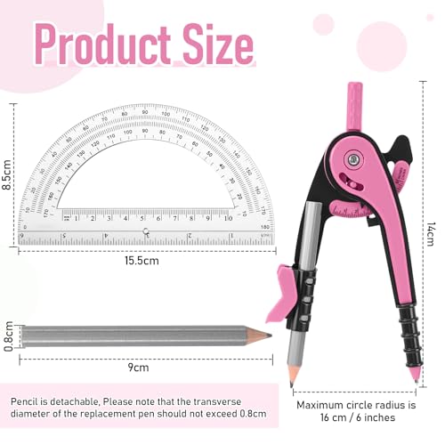 Eboot Student Geometry Math Set, Drawing Compass and 6 in, Pink - color: Pink