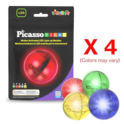 PicassoTiles Motion Activated Marbles 4pc LED Light-Up Glow in The Dark Translucent Balls for Marble Run Race Racetrack Maze Magnetic Construction Magnet Tiles Building Block STEM Education Kids Toys - style: Marbles 4pc LED