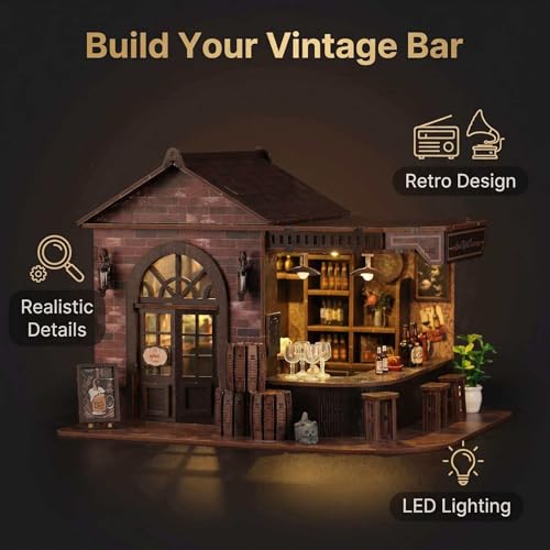 Book Nook Kit, 3D Wooden Miniature Tavern & Pub Dollhouse with LED Lights - DIY Mini House Craft Model for Adults, Birthday Valentine's Day Gift for Women Men - style: Victorian Pub Bar