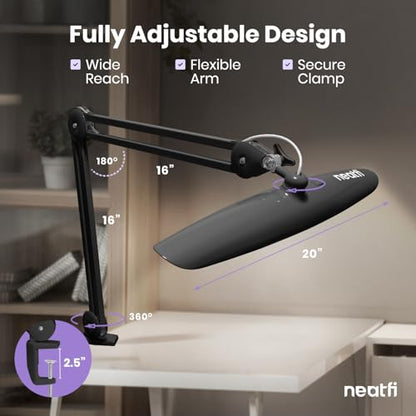 Neatfi XL 2200 Lumens 24W LED Desk Lamp – Shadow-Free Task Lighting | 4-Level Dimming | Home Office & Crafts Use | 20-Inch Wide Head (Space Gray, Non-CCT with Clamp) - color: Space Gray, size: Non-CCT with Clamp