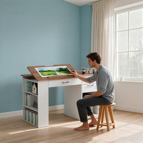 Drafting Table with Storage Cabinet & Drawers, Adjustable Drawing Table with Open Shelves, Craft Art Desk for Artists, Painters, Drawing, Crafting, Reading, Writing, Working - color: White