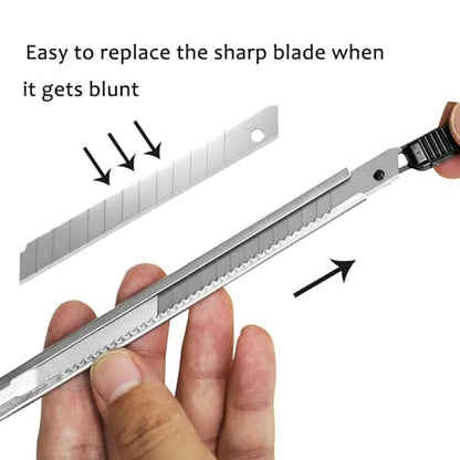 30 Snap Off Utility Knife Blades 9mm Auto Lock Retractable Craft Cutters with Extra 3 Pcs Carbon Steel Art Knives for Cutting Box Paper Cardboard Graphics Projects - color: Silver Set