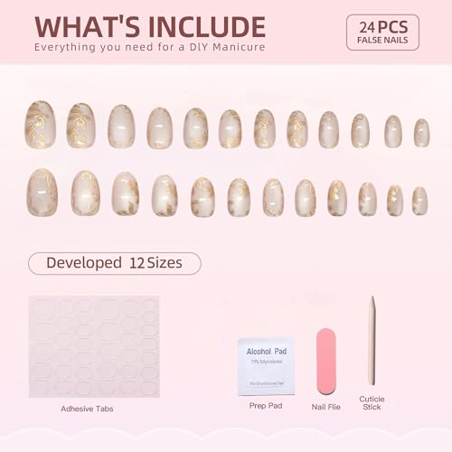Short Press on Nails Almond Fake Nails Cat's Eye False Nails with Gold Flower Designs Artificial Nail Nude Glitter Glue on Nails Cute Summer Stick on Nail for Women 24Pcs - color: Style08