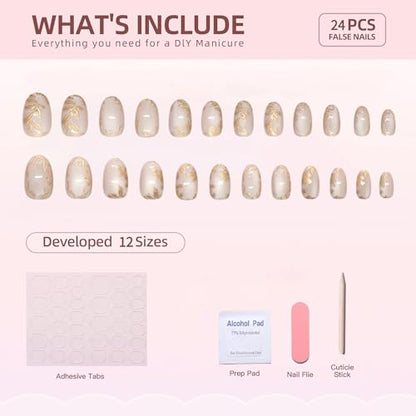 Short Press on Nails Almond Fake Nails Cat's Eye False Nails with Gold Flower Designs Artificial Nail Nude Glitter Glue on Nails Cute Summer Stick on Nail for Women 24Pcs - color: Style08