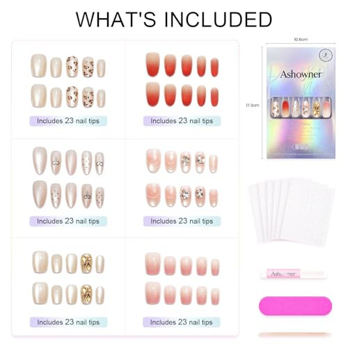 6 Packs (144 Pcs) | Reusable Press on Nails | cute nails | 6-Style Bundle | 12 Sizes | Each Style 24 Pcs | Gold Rhinestone & Glitter Accents - color: Gold Rhinestone & Glitter Accents