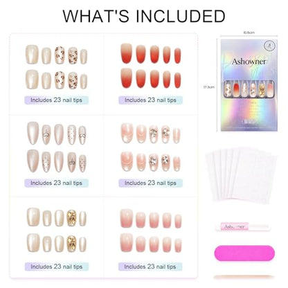 6 Packs (144 Pcs) | Reusable Press on Nails | cute nails | 6-Style Bundle | 12 Sizes | Each Style 24 Pcs | Gold Rhinestone & Glitter Accents - color: Gold Rhinestone & Glitter Accents