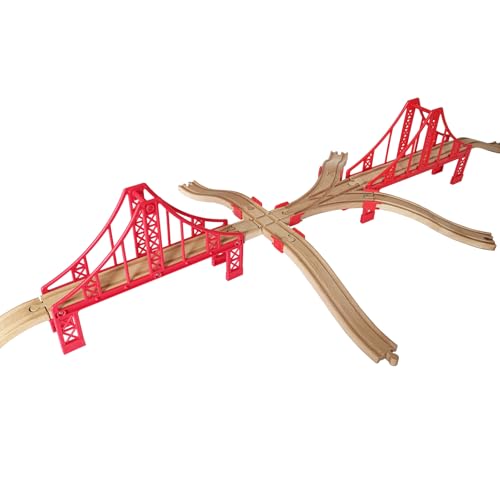 Wooden Train Track Accessories Set, Double Big Red Suspension Bridges Set, Compatible with All Major Brands Track, Christmas Birthday Gift for Boys Girls, Toys Expansion Pack for Kids Ages 3+ - color: Big Red