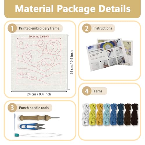 DOODLREAM Starry Night DIY Punch Needle Embroidery Kit for Adult Beginner, 9.4" Starry Sky Punch Stitching Craft Set for Starter with Frame, Fabric Pattern, Threader, Yarn, Punch Needle - color: Starry Night