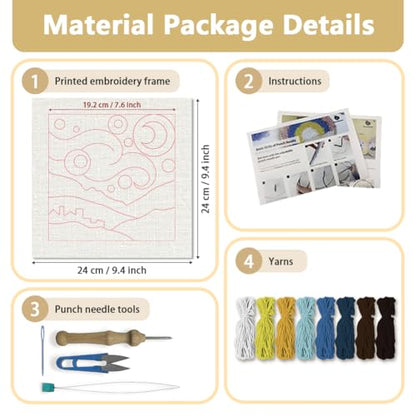DOODLREAM Starry Night DIY Punch Needle Embroidery Kit for Adult Beginner, 9.4" Starry Sky Punch Stitching Craft Set for Starter with Frame, Fabric Pattern, Threader, Yarn, Punch Needle - color: Starry Night