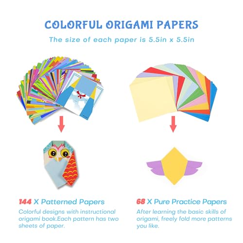 Origami Kit for Kids Ages 5-16, 212 Sheets with 72 Patterns & Instruction Book | Origami Paper Kit for Beginners & Advanced | Arts & Crafts Toys for Girls & Boys Ages 8-12 | Birthday & Christmas Gifts