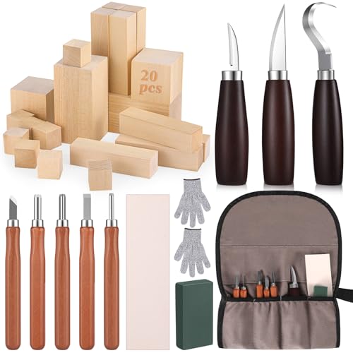 Wood Carving Kit 32 Pcs Wood Carving Tools Includes 20 Pcs Whittling Basswood Blocks 4 Different Sizes with 12 Pcs Whittling Knives kit for Woodworking Beginners Adults Hobby DIY Art Craft