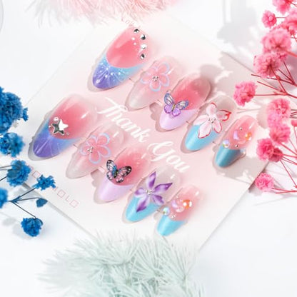 Purple Press on Nails Almond Short Gradient Press on False Nails 3D Flowers and Butterfly Sparkly Rhinestones Stick on Nail for Women 24pcs - color: Color43