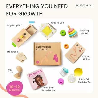 Tiny Land Montessori Toy Set for Babies 1 Year Old Thinker Play Kit- 5-in-1 Wooden Learning Toys with Peg Drop Box, Rocking Stacker, Egg Cup, Canister Set, and Crinkle Bag - style: 10-12M Educational Box