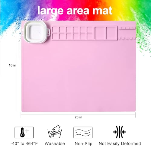 AWOKE Silicone Painting Mat | 20"x16" No-Spill Art Mat with Quick-Attach Magnetic Water Cup, 12 Paint Wells & Palettes | Washable Table Protector for Toddlers & Kids Gifts (Pink) - color: Pink