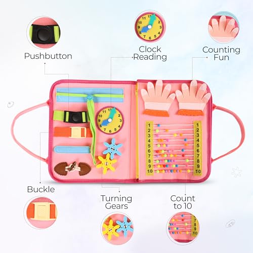 Montessori Busy Book for Toddlers, Pink Busy Board Book. Ages 3+ - color: Pink