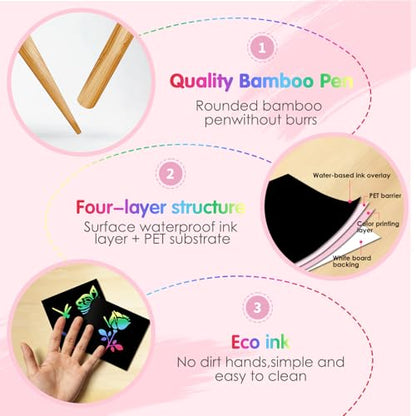 Eommmgl-180 Rainbow Scratch Paper Set,Scratch Art for 4-12 Kids, Mini Notes Arts and Craft Supplies,Matching Random Personalized Stencils ，Christmas Gift，School Classroom Activities, Travel Carrying.