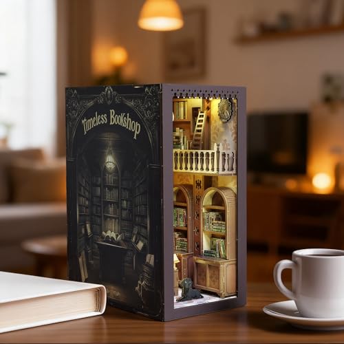 Timeless Bookshop Book Nook Kit with Silicon Liquid Glue - DIY Miniature House Kit for Adults, Teens and Beginners, Dollhouse Booknook Library Tiny House Bookshelf Decor 3D Wooden Puzzle - style: Timeless Bookshop