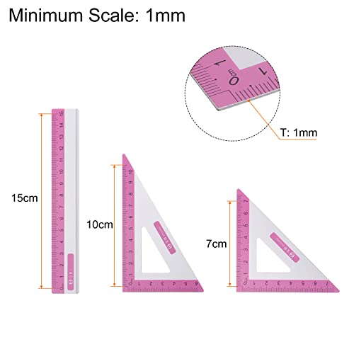 HARFINGTON 4pcs Geometry Set 15cm Metric Measure Ink Printing Aluminum Ruler Metal Ruler Set Triangle Protractor Ruler Tool Set for Classroom, Office, Home, Rose Red - color: Rose Red