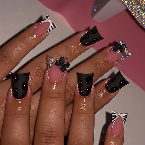 Duck Press on Nails Black Fake Nails French Tip False Nails Press on with 3D Texture and Bow Charm Design Acrylic Nails Glossy Duck Glue on Nail 24Pcs Artificial Manicure for Women - color: Style-A15