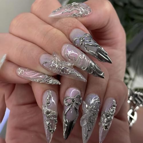 Stiletto Press on Nails Long Silver Fake NailSilver Glitter and Rhinestones Acrylic Nail Press ons Stick on Nails for Women 24pcs - color: Color19