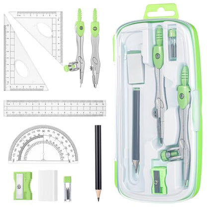 Zonon 10 Pcs Math Geometry Set for Student Compass Protractor, Green - color: Green
