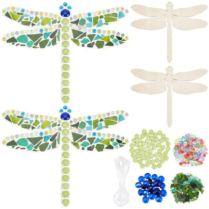 WEBEEDY Make 2 Dragonfly Glass Mosaic Kit DIY Craft Glass Kit for Adults Include Mosaic Tiles, Wooden Chips, Ribbon for Christmas Holiday Unique Decor Gift