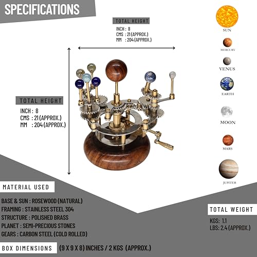 Luxury Vintage Brass Orrery – Exquisite Brass Planetary Gear Mechanism | Astronomical Desk Ornament | Solar System Model (8" Mercury, Venus, Earth, Mars & Moons)