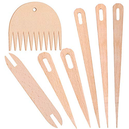 Luter 7Pcs Hand Loom Stick Set - DIY Handcrafts Tools: 5Pcs Wood Weaving Crochet Needle, 1Pc Wooden Shuttle, 1Pc Wood Weaving Comb for Knitting Crafts