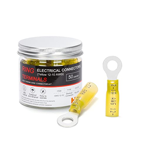HKS 50 PCS Ring Terminals 1/4" M6 Yellow 12-10 AWG - M6 - Electrical Connectors - Heat Shrink Wire Connector Kit - Tinned Red Copper - Automotive Marine Ring Connectors - Waterproof and Insulated - color: Yellow, size: 1/4" (M6)