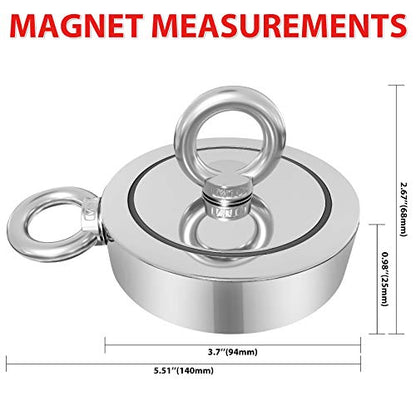 FINDMAG 1725 LBS Fishing Magnet Kit, 3.7 Inch Neodymium Fishing Magnet - color: Black Kit Double Hole, size: 3.70 inches(94mm)-1725lb