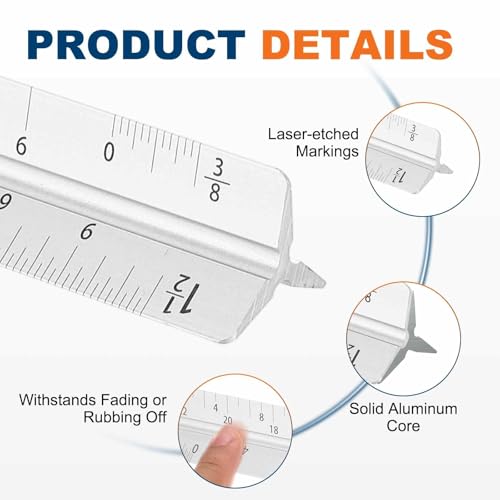 HARFINGTON Architectural Scale Ruler, 7 Inch Standard Aluminum Alloy Architect Triangular Small Scale Laser-Etched Blueprint Drafting Ruler for Architects Engineers, Silver - color: Silver, size: 7 Inch
