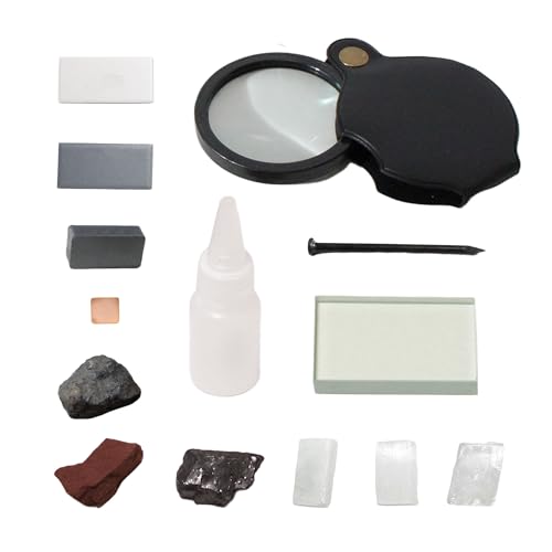 Mineral ID Kit Rock Mineral Identification Kit - Includes Streak Plates, Glass Plate, Magnet, Dropper Bottle, Nail, Hand Lens, Cooper Sheet, Rock & Mineral Geology Kit