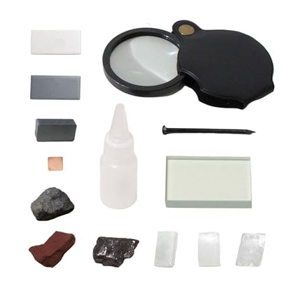 Mineral ID Kit Rock Mineral Identification Kit - Includes Streak Plates, Glass Plate, Magnet, Dropper Bottle, Nail, Hand Lens, Cooper Sheet, Rock & Mineral Geology Kit