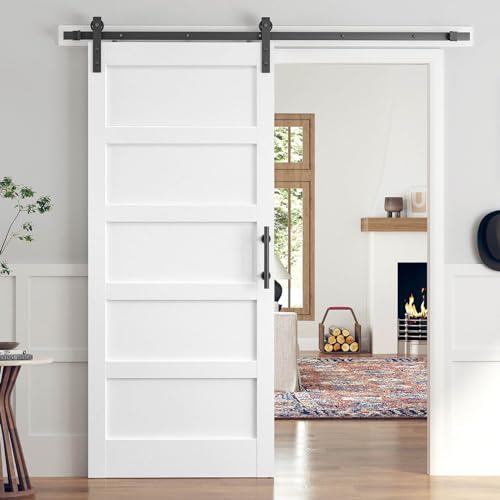36x80 Inch White Sliding Barn Door Slab with 6.6ft Hardware Kit Included, 5-Panel, MDF Wood Panel Covered with Water-Proof Scratch-Proof PVC Surface, Simple DIY Assembly - color: White, size: 36"x80" Door with Hardware