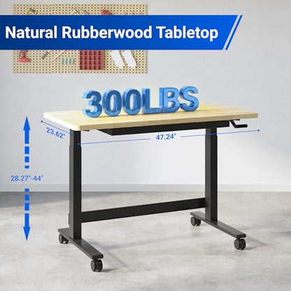 FLEXIMOUNTS 48" Adjustable Workbench, Rubberwood Worktable with Hand Crank
