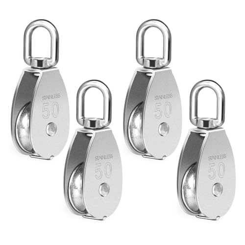 Cable Pulley Wheel Stainless Steel, 4 Pack M50 Single Pulley Snatch Block, Heavy Duty Lifting Crane Swivel Hook, Bearing Inside Rope Pulleys for Lifting System Gym Equipment Clothesline, 800 lbs Load - size: M50 - 4 Pack