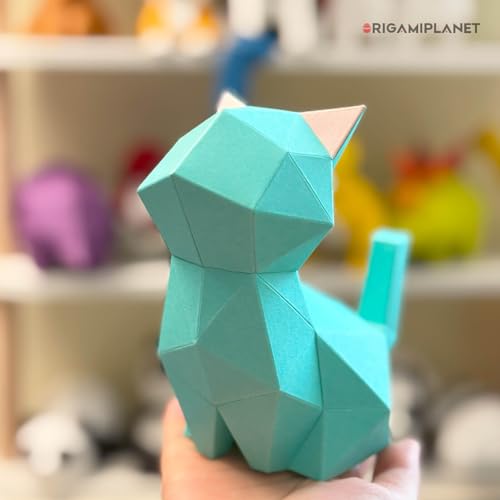 3D Origami Paper Craft Kit, Moonlit Kitten Cute DIY Pre-Cut Animal Papercraft Model for Beginners, Fun Handmade Home Decoration Gift for Adults & Teens-Green