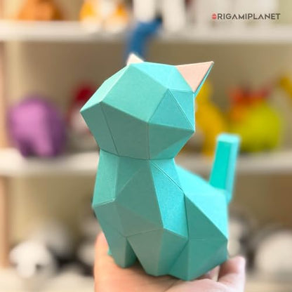 3D Origami Paper Craft Kit, Moonlit Kitten Cute DIY Pre-Cut Animal Papercraft Model for Beginners, Fun Handmade Home Decoration Gift for Adults & Teens-Green
