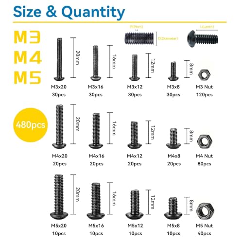 480PCS Metric Nuts and Bolts Assortment Kit, M3 M4 M5 Button Head Hex Socket Cap Screws Bolts and Hex Nuts with 3 Hex Wrench, Fully Threaded, 8.8 Grade Alloy Steel, Black Zinc Plated - size: 480Pcs M3 M4 M5 8mm-20mm