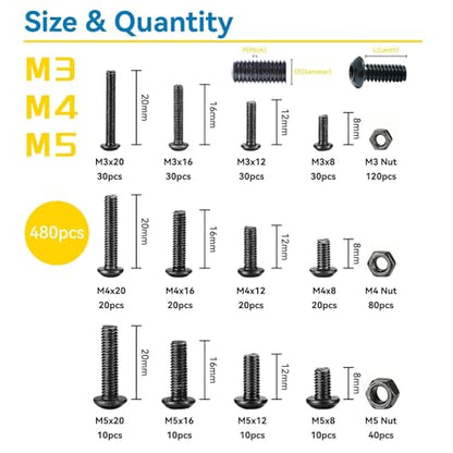 480PCS Metric Nuts and Bolts Assortment Kit, M3 M4 M5 Button Head Hex Socket Cap Screws Bolts and Hex Nuts with 3 Hex Wrench, Fully Threaded, 8.8 Grade Alloy Steel, Black Zinc Plated - size: 480Pcs M3 M4 M5 8mm-20mm