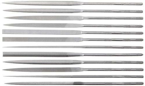 Nicholson 12 Piece Needle File Set with Handles, Swiss Pattern, Double Cut, #2 Coarseness - size: 6-1/4", style: 0 Cut