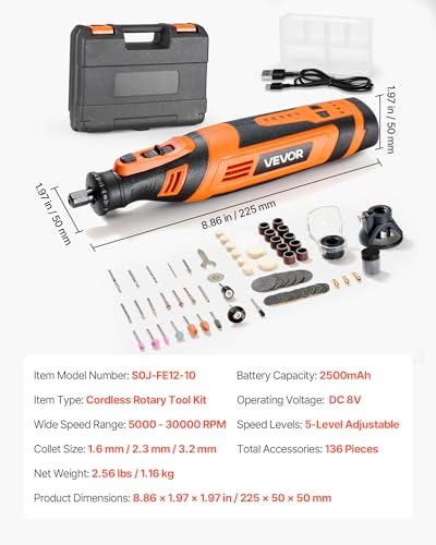 VEVOR 136-Piece Cordless Rotary Tool Kit, DC8V Portable Mini Power Rotary Tool, 5 Speeds 5000-30000RPM Multi-Purpose DIY Tools for Engraving, Sanding, Polishing, Carving, Grinding, Cutting, DIY Craft - style: 136PCS