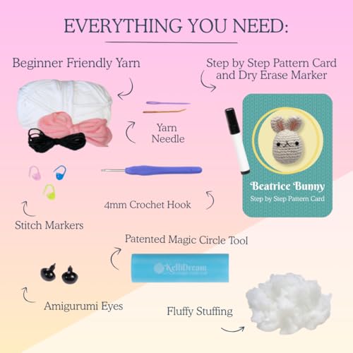 KelliDream Learn to Crochet Kit for Beginner Adults with Magic Circle Tool; Step-by-Step Video Tutorials; All Supplies to Make Cute Amigurumi (Bunny) - color: Bunny