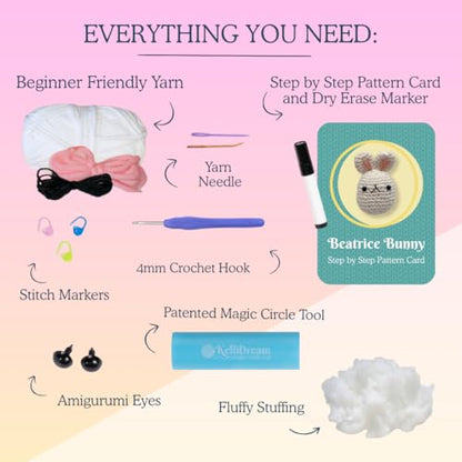 KelliDream Learn to Crochet Kit for Beginner Adults with Magic Circle Tool; Step-by-Step Video Tutorials; All Supplies to Make Cute Amigurumi (Bunny) - color: Bunny