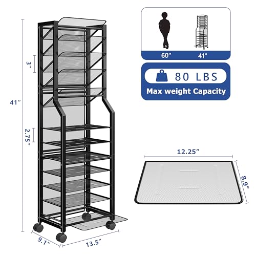 Simple Trending 12 Tier Rolling File Cart, Desk File Organizer with Sliding Trays and Metal Mesh Paper Letter Storage Multi Functional Rolling Clutter Cart for Office, Home, School, Black - style: 12 Tier-Black