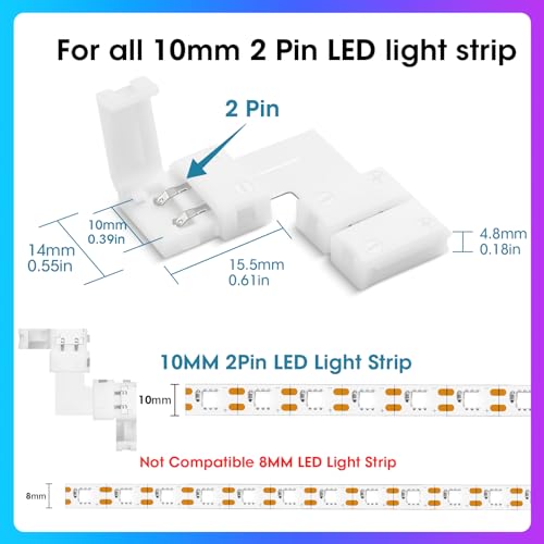 WENHSIN 10Packs 2-Pin L Shape RGB LED Light Strip Connectors 10mm Unwired Gapless Solderless Adapter Terminal Extension - size: 10MM-2PIN-L